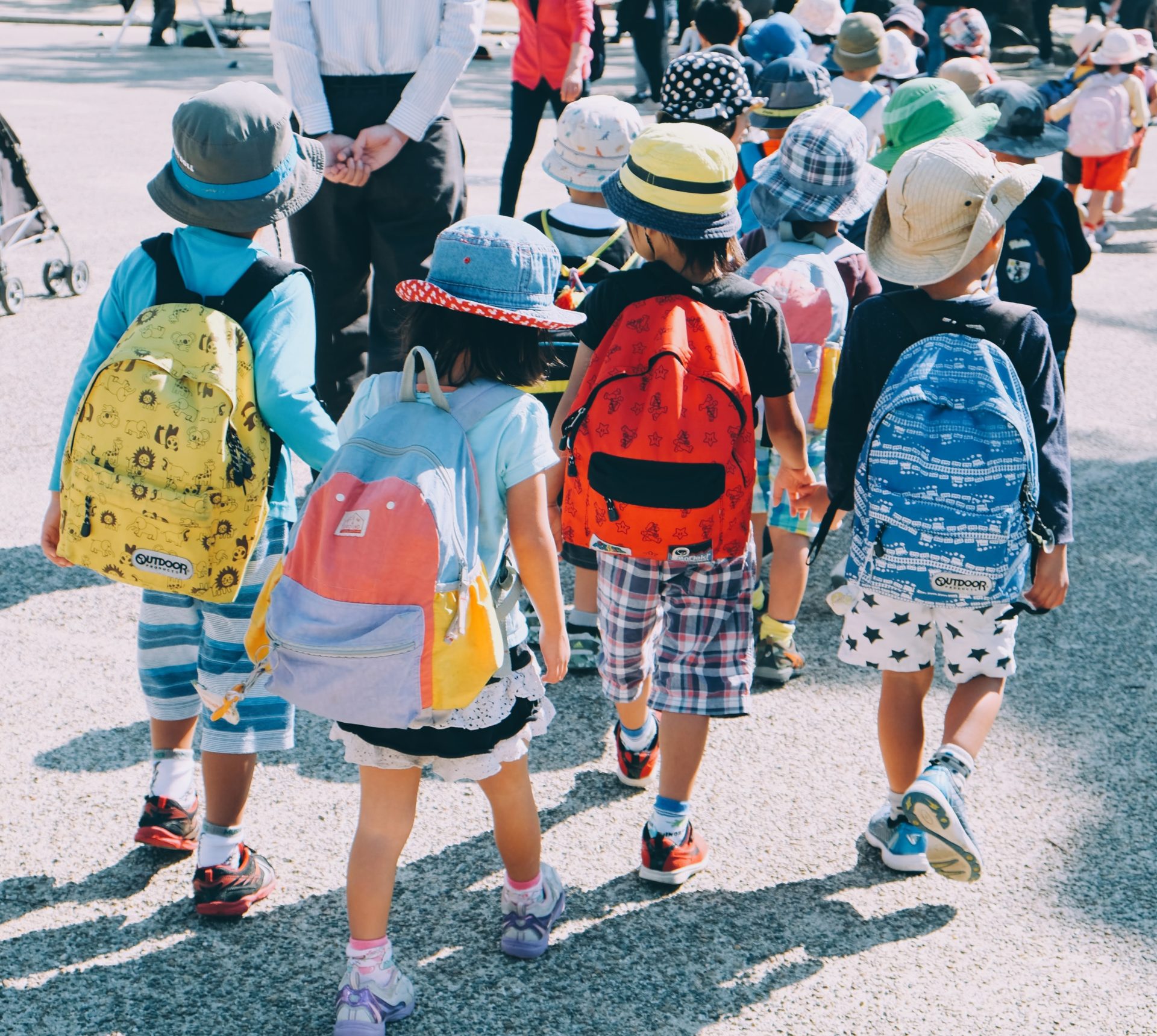 Children at school walking with backpacks